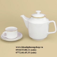 bộ ấm trà sứ trắng Minh Long viền vàng 0.8L - bộ ấm trà sứ Minh Long viền chỉ vàng
