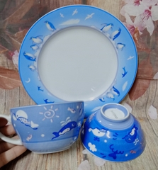 bộ chén ly dĩa hoạt hình mẫu đại dương + chim cánh cụt, cá heo