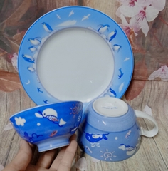 bộ chén ly dĩa hoạt hình mẫu đại dương + chim cánh cụt, cá heo