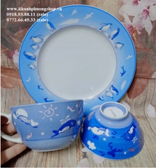 bộ chén ly dĩa hoạt hình mẫu đại dương + chim cánh cụt, cá heo
