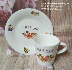 bộ ly sứ uống cà phê kèm dĩa bánh ngọt hoạ tiết rau củ quả siêu xinh