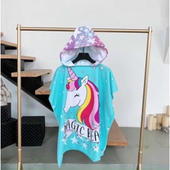 Khăn tắm choàng cho bé CAYABE đi bơi, đi biển có mũ trùm đầu ngựa Pony / Unicorn màu xanh (tặng túi rút tiện lợi) - 75x105 cm