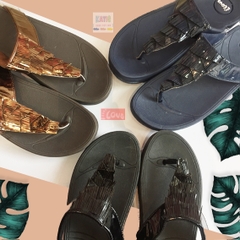 Dép kiểu nữ Feetlove cao cấp cao 3 cm - Dép kẹp xanh đen xếp tua rua