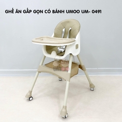 Ghế ăn dặm cho bé gấp gọn CAYABE Umoo nâng hạ độ cao thấp 2 mức UM-0491, có bánh xe, đệm lót da êm ái màu xanh mint, kem nâu, hồng, xanh navy