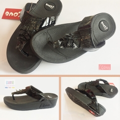 Dép kiểu nữ Feetlove cao cấp cao 3 cm - Dép kẹp đen xếp tua rua