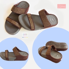 Dép kiểu nữ Feetlove cao cấp cao 3 cm - Quai ngang màu nâu đính đá