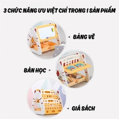 Bộ bảng vẽ - giá kệ sách - bàn học - ghế học mèo Kitty CAYABE Holla 4 trong 1 cho bé