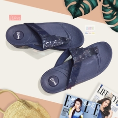 Dép kiểu nữ Feetlove cao cấp cao 3 cm - Dép kẹp xanh đen xếp tua rua