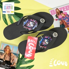 Dép kẹp nữ Feetlove 5 cm đen hình con sói