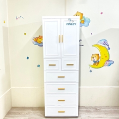 Tủ nhựa cho bé và người lớn 5 - 6 tầng FINLEY Lux tay nắm vàng đồng treo quần áo, đựng đồ dùng, đồ chơi màu trắng (Size ngang 60cm) - FL-0014