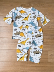 Đồ bộ bé trai tay lửng quần dài thun cotton màu trắng hình khủng long Dino