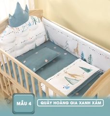 Set quây cũi vải hoàng gia cho nôi cũi em bé 7 món (4 mặt quây, áo và ruột gối nằm, đệm bông lót cotton)