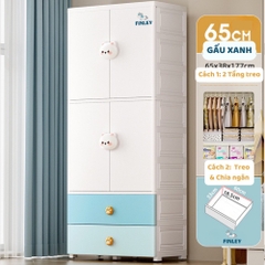 Tủ nhựa cho bé 4 cánh FINLEY gấu xanh (Size lớn ngang 65 cm) treo quần áo, đựng đồ chơi, đồ dùng cho gia đình - FL-0094