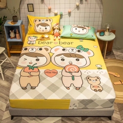 Bộ ga giường và 2 vỏ gối hình bé trai bé gái và con gấu 100% cotton