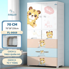 Tủ nhựa cho bé 5 tầng FINLEY hổ con Baby Tiger (Size lớn ngang 70 cm) treo quần áo, đựng đồ dùng - Màu hồng nhạt (FL-0019-K)