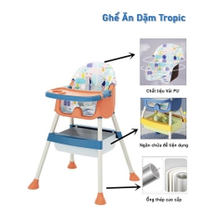 Ghế ăn dặm cho bé CAYABE Tropic có đệm lót da êm ái, 2 khay ăn tháo rời được màu xanh/ cam