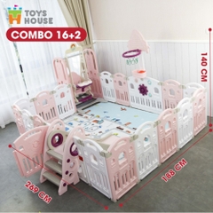 Combo quây 5in1: thảm- quây- cầu trượt - xích đu - bóng rổ Toyshouse WM19086+6 (16+2) màu hồng