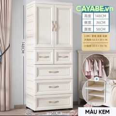 Tủ nhựa 5 tầng cho bé và gia đình CAYABE vân gỗ Hàn Quốc treo quần áo, đựng đồ dùng cao cấp màu kem beige