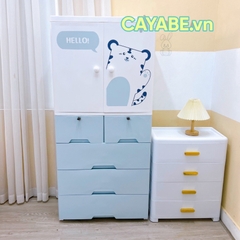 Tủ nhựa cho bé 5 - 6 - 7 tầng CAYABE gấu Hello xanh treo quần áo, đựng đồ chơi, đồ dùng cho gia đình - Size lớn ngang 70 cm