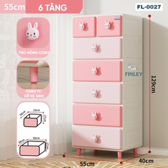 Tủ kệ nhựa 4 - 5 - 6 tầng thỏ hồng Cony ngăn kéo FINLEY (size L ngang 55cm) đựng quần áo, bỉm sữa, đồ dùng CAYABE cho bé và gia đình