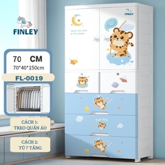 Tủ nhựa cho bé 5 tầng FINLEY hổ con Baby Tiger (Size lớn ngang 70 cm) treo quần áo, đựng đồ dùng - Màu xanh nhạt (FL-0019-K)