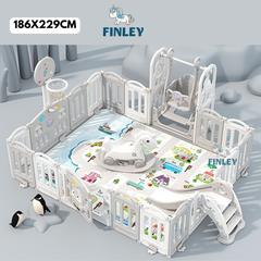 Quây cũi nhựa FULL cho bé FINLEY chim cánh cụt Penguin đáng yêu (cầu trượt - xích đu - ngựa bập bênh - bảng vẽ - bóng rổ - ném vòng) màu trắng xám - xanh vàng - hồng (Size 186x229cm) - FL-0035