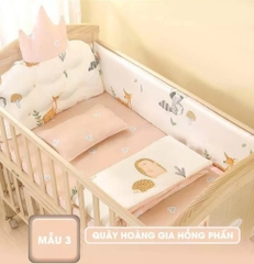 Set quây cũi vải hoàng gia cho nôi cũi em bé 7 món (4 mặt quây, áo và ruột gối nằm, đệm bông lót cotton)