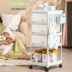 Kệ nhựa 4 tầng đựng quần áo, đồ dùng, bỉm sữa cho bé đa năng CAYABE có bánh xe và móc treo, kệ xe đẩy spa, kệ nhựa nhà bếp, kệ nhựa nhà tắm màu xanh pastel