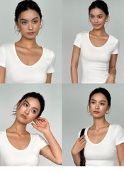 T37 -Áo Thun Nữ MAKILANA Trắng Cổ Vuông 2 Kiểu Mặc Ngắn Tay Ôm Dáng Croptop Hở Eo Sexy Mùa Hè 2025