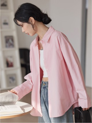 Áo sơ mi nữ dài tay dáng rộng Hàn Quốc chất liệu cotton màu hồng xanh trắng phong cách trẻ trung SM17