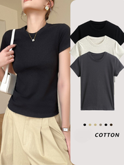 Áo Thun Nữ Cotton Co Giãn Cổ Tròn Tay Ngắn | Form Ôm Vừa Vặn, Màu Trơn, Thoáng Mát, Mặc Hè 2024 MAKILANA T1