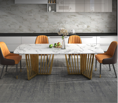 Bộ bàn ăn 6 ghế mặt đá chân inox mạ vàng cao cấp - BA 40