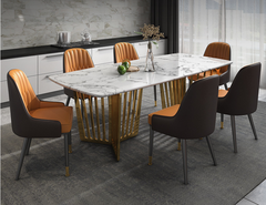 Bộ bàn ăn 6 ghế mặt đá chân inox mạ vàng cao cấp - BA 40