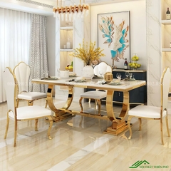 Bộ bàn ăn hình chữ nhật chân inox mạ vàng - BA 89