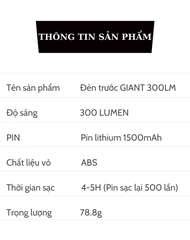 Đèn trước xe đạp GIANT 300 Lumen Pin 1500mAh, Vỏ chất liệu ABS, nhỏ gọn, di động và có thể sạc lại bằng USB