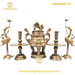 Bộ Ngũ Sự Đồng Đỏ Khảm Tam Khí cao 60cm