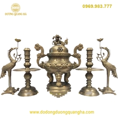Bộ Ngũ Sự Đồng Vàng Thau Hun Giả Cổ cao 50cm