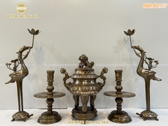 BỘ NGŨ SỰ CAO 35CM ĐỒNG ĐỎ KHẢM TAM KHÍ