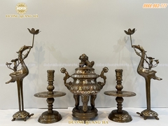 BỘ NGŨ SỰ CAO 35CM ĐỒNG ĐỎ KHẢM TAM KHÍ