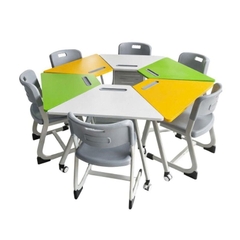 Bàn học sinh đa chức năng xếp hình lục giác Chân Oval bánh xe di động mặt gỗ MDF gấp gọn