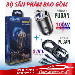 Tẩu sạc ô tô siêu nhanh PUGAN 100w - 2 cổng USB và TYPE C