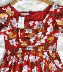 Đầm xòe hoa cổ vuông xếp ly ngực, tay phồng bo chun - GR0287