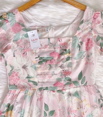 Đầm xòe hoa cổ vuông xếp ly ngực, tay phồng bo chun - GR0287