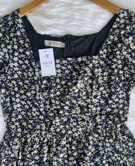 Đầm xòe hoa cổ vuông xếp ly ngực, tay phồng bo chun - GR0287