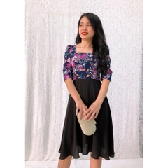 Đầm xòe họa tiết hoa S&M cổ vuông, tay lửng sang trọng, giá rẻ, có bigsize - GR159 - Hình thật shop tự chụp