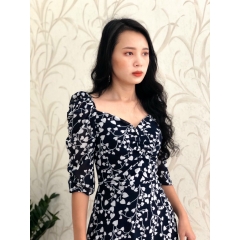 Đầm xòe voan hoa cổ vuông nhún ngực S&M GR192 - Hình thật do shop chụp