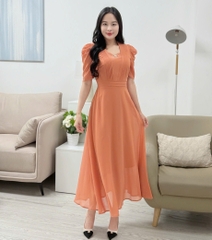 Đầm maxi form dài xếp ly 2 bên ngực, kèm phụ kiện nơ rời, tay phồng - GR0313