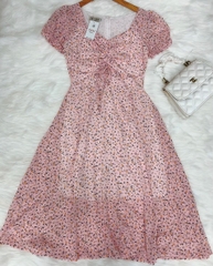 Đầm xòe hoa nhí rút ngực tay phồng bo thun - GR0225