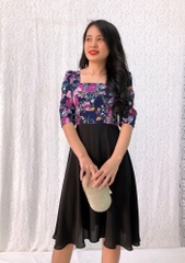 Đầm xòe họa tiết hoa S&M cổ vuông, tay lửng sang trọng, giá rẻ, có bigsize - GR159 - Hình thật shop tự chụp