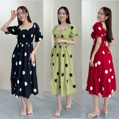 Đầm xòe nhún thun chấm bi tay phồng - GR0164